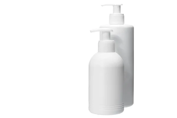 Two Several Size Matte Opaque White Plastic Bottle Dispenser Portion — Stock Photo, Image