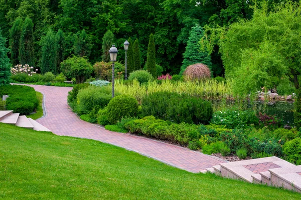 Yamaçta demir retro fener ile parktaki kaldırım levhalarından aşağıya doğru inen taş adımlar manzaralı bitkiler, yemyeşil çalılar ve çam ve yapraklar, huzur içinde olmak için arka bahçe manzarası..