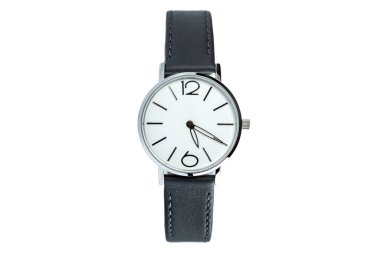 wrist watch with round dial in silver and minimalist design with leather strap unisex accessory, object isolated on white background, nobody.