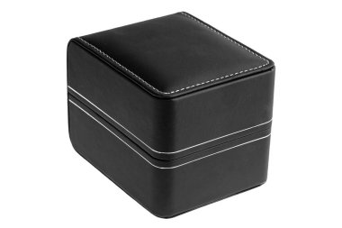 Dikiş atılmış siyah deri tasarım kutusu lüks mücevher hediyeleri ve kol saati aksesuarları için yuvarlak köşeler etiketsiz beyaz arka planda izole edilmiş nesne, hiç kimse.