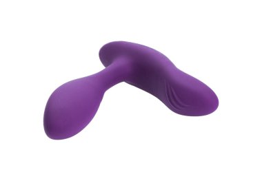 Prostat masajı için mor silikon erkek sağlık cihazı. Yetişkinler için sadece beyaz arka planda izole edilmiş seks oyuncağı. Kimse yok..