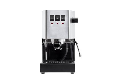 Espresso hazırlama ve süt köpürtme için tutacağı ve portafilteri olan gri paslanmaz çelik keçiboynuzu kahve makinesi beyaz arka planda izole edilmiş ev aletleri..