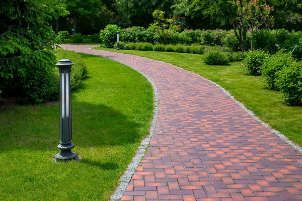 Iron Ground Lantern Garden Lighting Park Curved Path Paved Stone — Stock Photo, Image