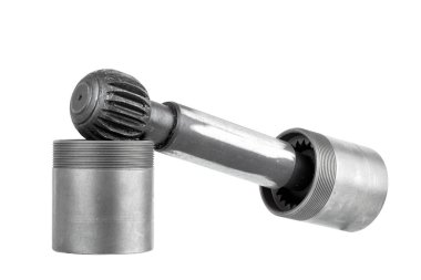 Dambıl üzerine hidrolik pistonlar politherm pompa teçhizat ve erkek lifli beton pompa yedek parça nesne beyaz arka planda izole.