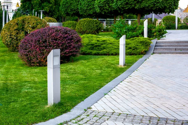 Bahçe bahçesinin dekoratif demir feneri şehrin sokağında çalılarla aydınlatmaya yol açtı. Taştan fayanslı yaya geçidinin yanındaki çiçek tarlalarının yanında granit kaldırımlı ve merdivenli ağaçlar vardı. Kimse yoktu..