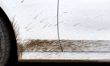 Bataklıktaki beyaz kirli araba sürücü kapısı, ön çamurluk ve aracın kirli lastiği, kimse yaklaşmasın..