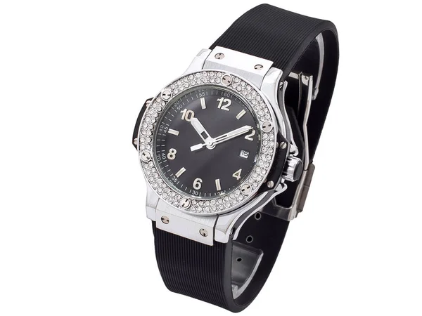 Women Wrist Watch Rubber Strap Steel Dial Encrusted Precious Stones — Stock Photo, Image