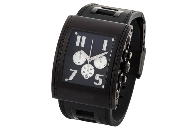 Black Wrist Watch Streamlined Modern Design Rubber Bracelet Gray Arrow — Stock Photo, Image