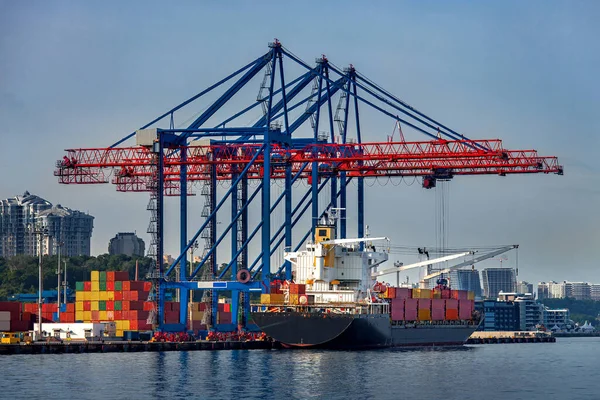 Vrachtschip Dat Wordt Afgemeerd Worden Gelost Een Containerwerf Met Een — Stockfoto