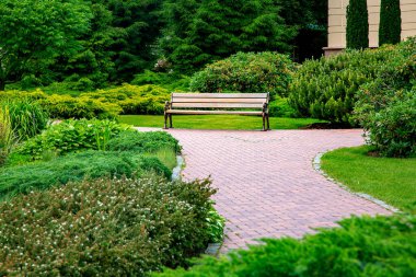 Tahta bankta demir bacaklar taştan fayanslar yeşil bitkiler ve yemyeşil çalılar, dinlenmek için güzel bir yer çevre dostu parklar, arka bahçe bahar manzarası, hiç kimse.