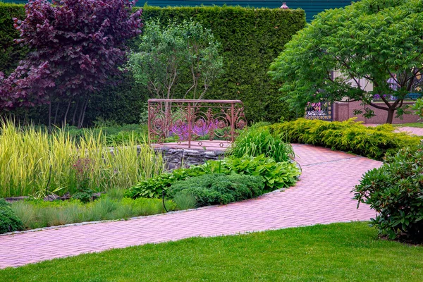 Walking Walkway Paved Stone Tiles Park Plants Decorative Bridge Iron Stock Photo