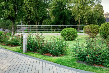 led lamppost of ground garden lantern with roses flowers in backyard with mulch flower bed and green lawn landscape near stone tile walkway with granite curb and steel railings in background, nobody.