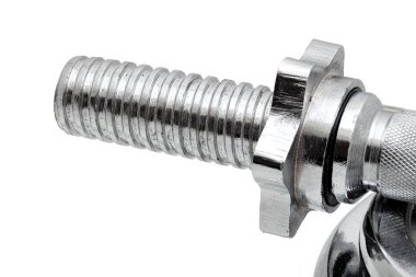 Ek ağırlık ayarlanabilir halterlerden oluşan vidaları monte etmek için vidaları olan büyük iplik paslanmaz çelikten, prefabrik aksesuar yakın plan beyaz, hiç kimse.