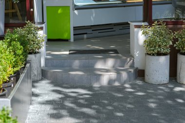 Seramik fayanslar, kapı eşiğinde kapı paspası, granit tuğla kiremitler ve yapraklı çalılar ile beton saksı, şehir dışının yakın çekimi, kimse yok..