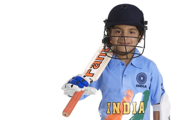 Boy in cricketer 's pakaian — Stok Foto