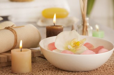 gül yaprakları ve bir kase içinde orkide