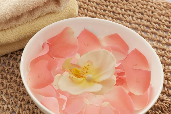 장미 꽃잎과 그릇에 난초 — 스톡 사진