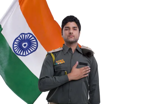 Security guard taking a pledge with Indian flag — Stock Photo, Image