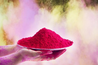 pembe renkli plaka gulal tutan eller