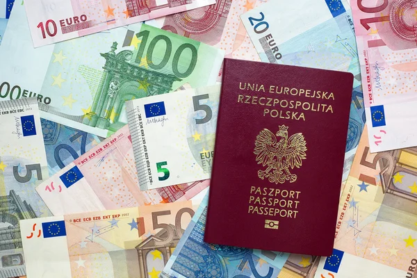 Eurosedler og polsk pass – stockfoto