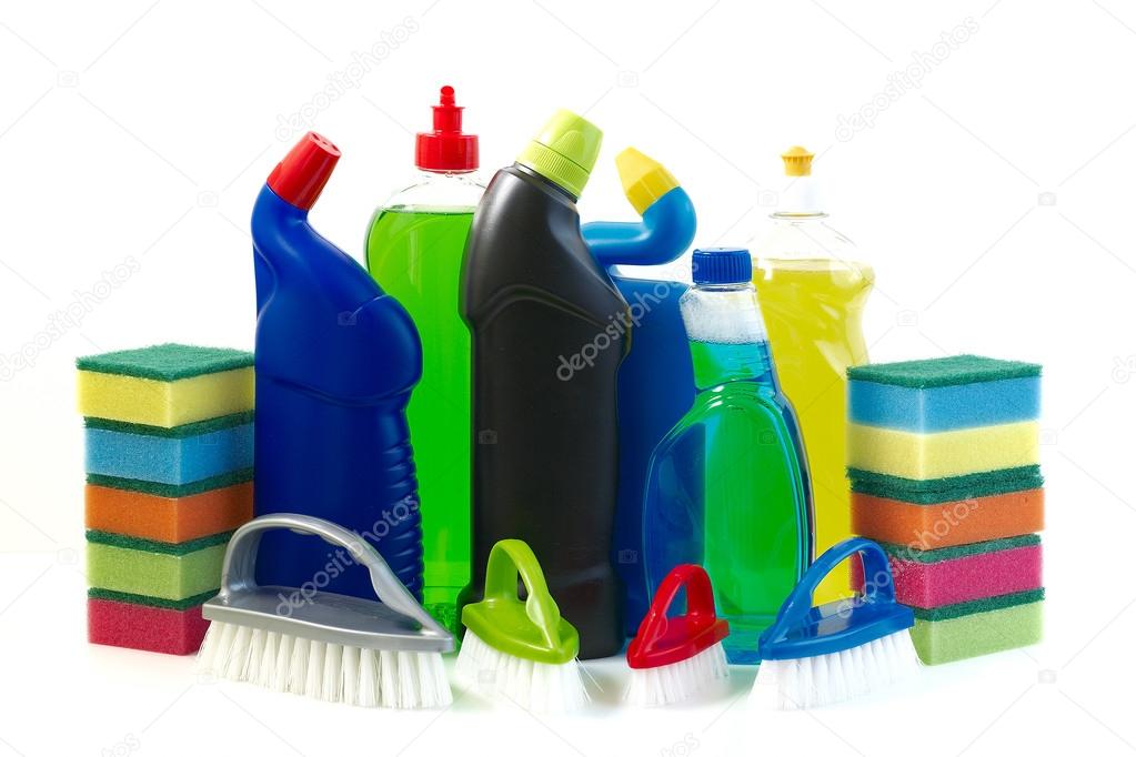 Cleaning products on white background.