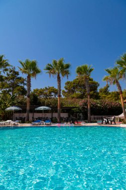 Yüzme havuzu, palmiye ağaçları ve çamları olan bir otel. Turistler şemsiyelerin altında güneşlenirler. Salgında seyahat et..