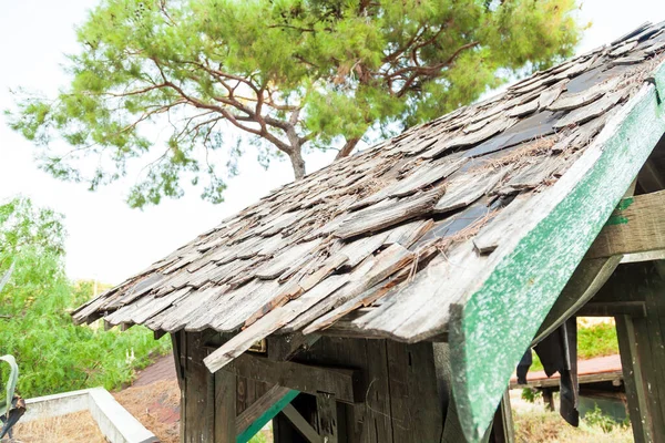 Eski Ahşap Çatı Kiremitleri Eğimli Bir Çatıda Hasar Gördü — Stok fotoğraf
