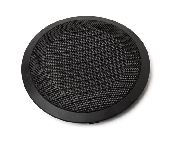 Stylish car audio acoustic round speaker with waffle grill protector cover on white background closeup. Auto spare parts catalog.
