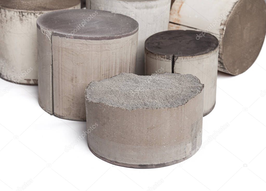 Recycle and purchase of precious non-ferrous metals. Six round and oval ceramic catalysts containing platinum, palladium and rhodium on a white background.