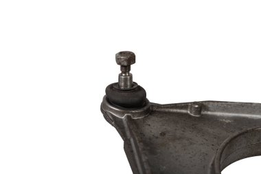 Beyaz arka planda izole edilmiş ikinci el top eklemleri direksiyon merkeziyle süspansiyon kolunu birleştiren montajdır.