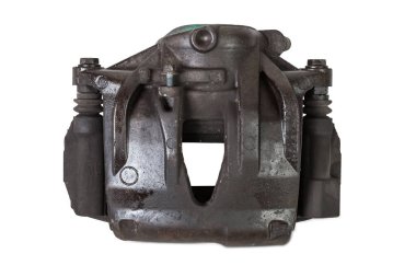 Eski metal fren kalibreli beyaz arka planda şasinin onarımı sırasında ya da yedek parça kataloğu için otomatik ayrıştırma.