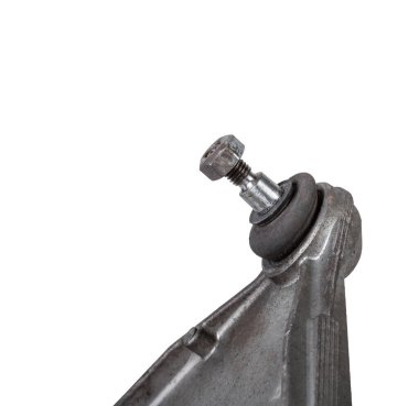 Beyaz arka planda izole edilmiş ikinci el top eklemleri direksiyon merkeziyle süspansiyon kolunu birleştiren montajdır.