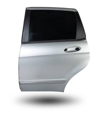 Arabanın arka kapısı, beyaz izole edilmiş arka planda gümüş renginde. Bir hizmet atölyesinde araçların vücut onarımı.