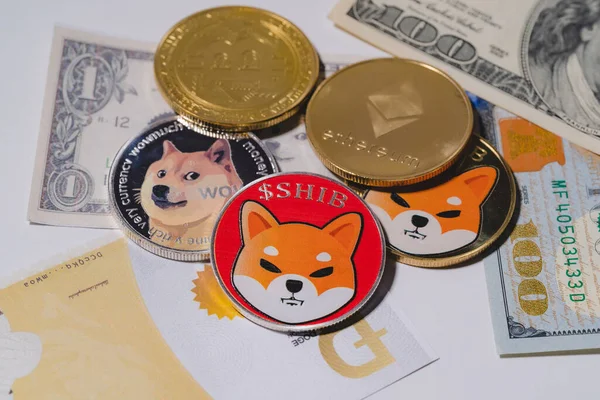 Dogecoin Doge Bitcoin Ethereum Eth Shiba Moneta Zawarte Crypto Monety — Zdjęcie stockowe