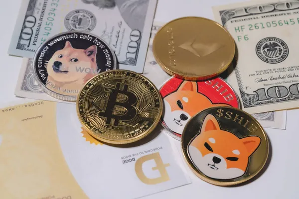 Dogecoin DOGE, bitcoin, Ethereum ETH, Shiba Coin, içinde Kripto para birimi ile birlikte 100 ABD Doları yeni para yığını üzerinde Amerikan Sanal zinciri teknolojisi gelecek para yakın konsept
