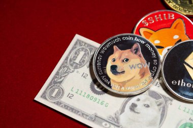 Dogecoin DOGE, bitcoin, Ethereum ETH, Shiba Coin, included with Crypto currency coin  on stack 100 hundred new US dollar Money American Virtual blockchain technology future is money Close up concept clipart