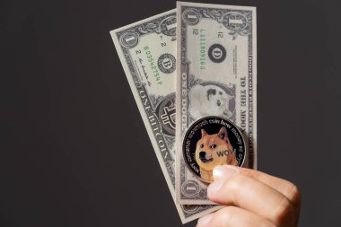 Dogecoin DOGE Kripto para yığını dolar banknotlar para sanal zincir teknolojisi siyah arkaplan ve bir şey koymak için serbest alan