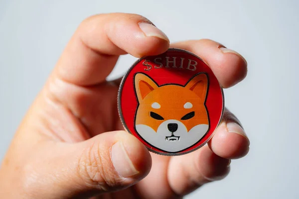 Şifreli para birimi Dogecoin DOGE, bitcoin BTC, Ethereum ETH sembolü Sanal engelleme teknolojisi ile birlikte el veya parmak seçen Shiba para grubu dijital paradır..
