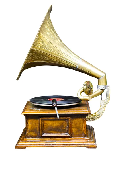 Vintage wind-up gramophone record player on isolate background — Stock Photo, Image