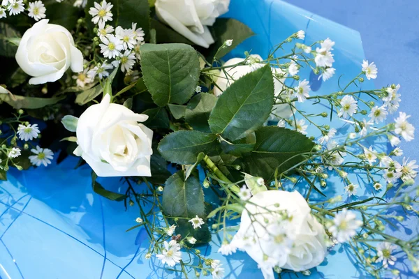 Bukett med vita rosor på blå bakgrund — Stockfoto