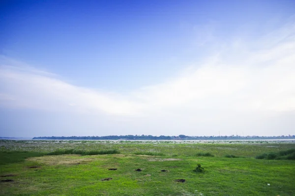 Rivière Herbe verte et ciel bleu paysage au Laos — Photo