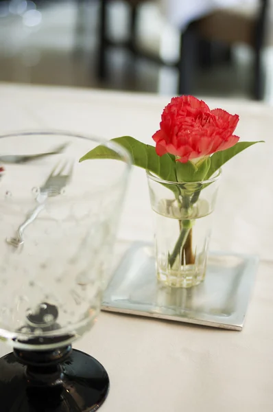 Mesa de jantar conjunto com flor vermelha — Fotografia de Stock