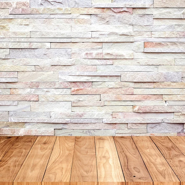 Wood floor with marble stone wall texture background — Stock Photo, Image