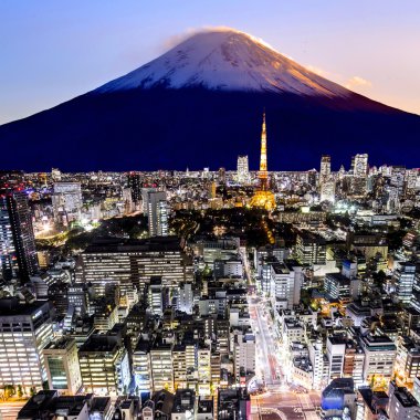 Mount Fuji and tokyo city in twilight clipart