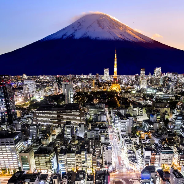 Hora Fudži a město Tokio v soumraku — Stock fotografie