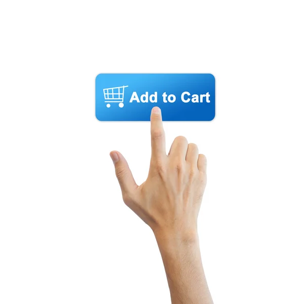 E-commerce knop met echte hand geïsoleerd op witte achtergrond — Stockfoto