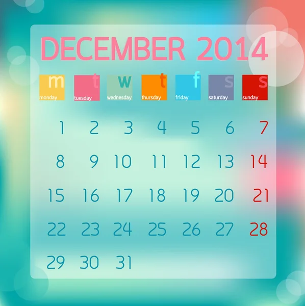 Calendário Dezembro 2014, Plano de fundo estilo, ilustração vetorial — Vetor de Stock