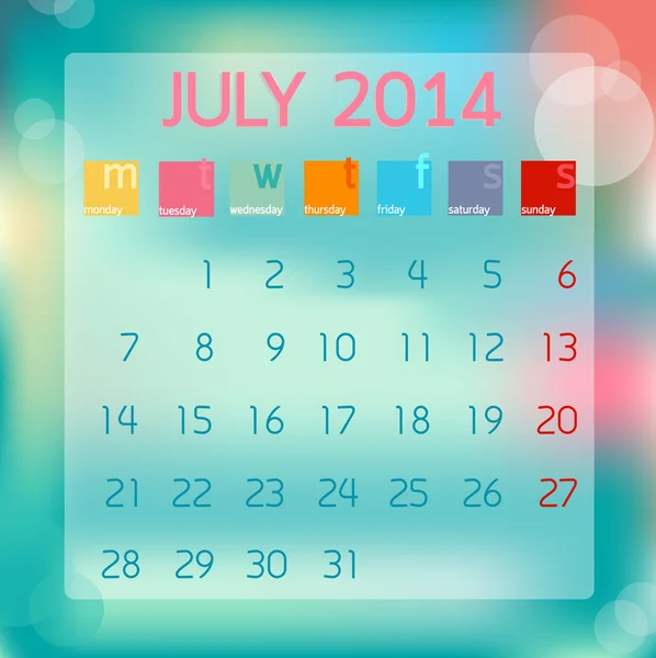 Ημερολόγιο Ιουλίου 2014, επίπεδη στυλ φόντου, εικονογράφηση φορέας — Διανυσματικό Αρχείο