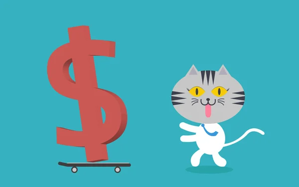 Chat courir à l'argent sur l'argent avec skateboard — Image vectorielle