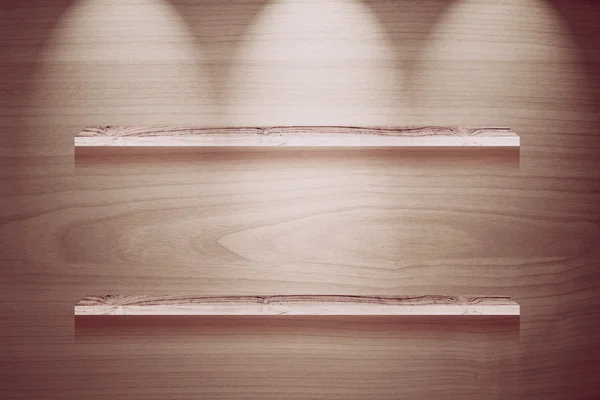 Painel de exibição de madeira marrom com fundo de iluminação — Fotografia de Stock